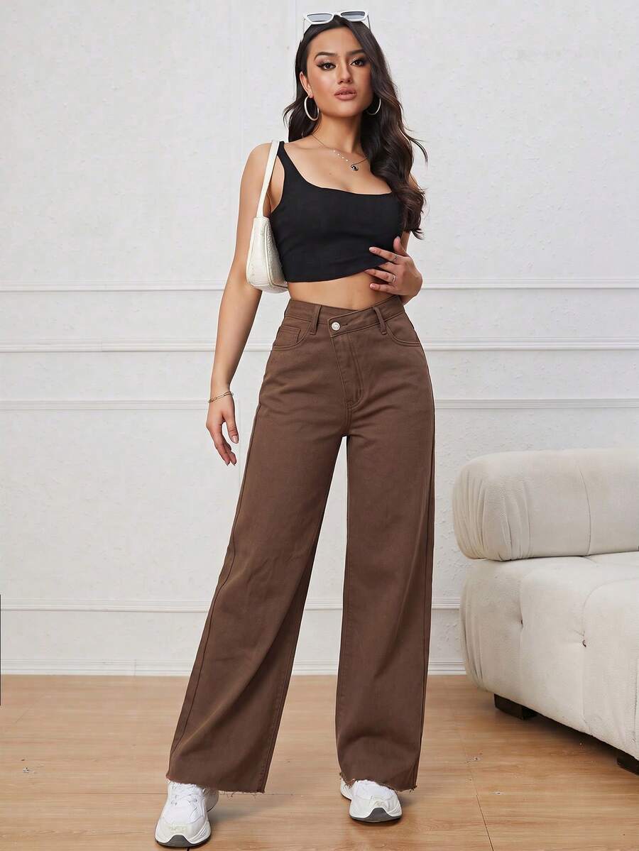 SHEIN ICON 女款不對稱腰頭口袋休閒牛仔褲 - 棕色 - 查看 1
