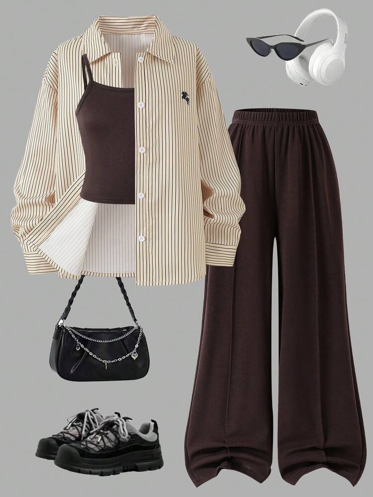 SHEIN Vintage Maillard Style Women's Casual 3-Piece Set, Khaki Vertical Striped Pony Print Loose Long Sleeve Shirt, Inner Brown Slim Fit Camisole, Paired With High-Waisted Draped Brown Wide Leg Pants, Lazy Relaxed Outfit, Daily Commute, Street Style, American Vintage Set For Girls - Brown - View 1