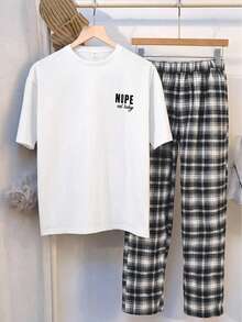 SHEIN 青少年男孩休閒字母標語印花短袖T恤與長褲2件套，簡約百搭居家服，適合通勤、上學、日常休閒、度假、旅行、戶外、派對、運動，秋冬款 - 白色 - 查看 5
