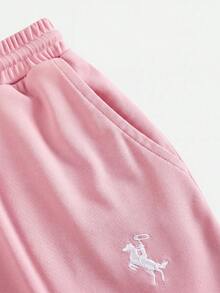 SHEIN Tween Girls 2 Pieces Set, Pink Ruffle Short Sleeve T-Shirt And High-Waist Wide Leg Pants, Cute Embroidery, Fashion Y2k Summer Holiday, Vacation - Pink - View 7