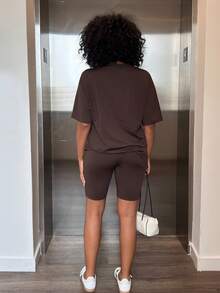 Alexandranx Women's Summer Casual Solid Color Short Sleeve Top And Shorts Set Elegant - Coffee Brown - View 2