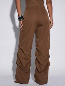 Normani Pantalon long décontracté polyvalent pour femme avec boutons, poches et plis - Tabac - Voir 2
