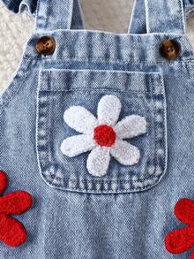 SHEIN Playful Pals 2件組女嬰可愛草莓刺繡圍兜褲，柔軟棉質藍色夏季親子套裝，休閒日常穿著 - 紅色 - 查看 7