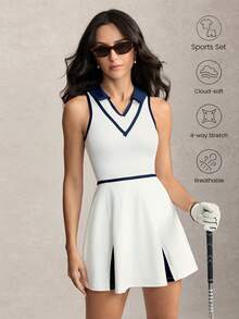 Activina Set da donna con abito sportivo senza maniche con colletto polo bianco + pantaloncini sportivi aderenti - Bianco - Visualizzare 2