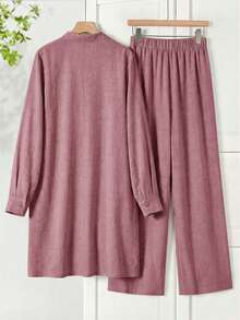 Rusticease Plus Size Minimalist Embroidered Textured Dress And Loose Casual Pants 2 Pieces Set Formal Vacation White Autumn Fall Clothes - Dusty Pink - View 2