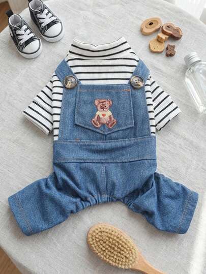 PETSIN 1pc Pet Workwear Overalls, Embroidered Love Panda Dog Clothing, Suitable For Early Autumn Weather Wearing Jumpsuit