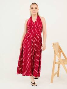 Ximena Robles Ximena Robles Women Summer Casual Holiday Polka Dot Print Halter Backless Dress Vacation Party Elegant - Red and White - View 5