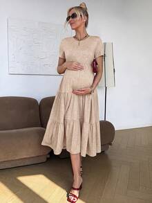SHEIN 孕婦夏季休閒純色短袖洋裝 - 卡其色 - 查看 12