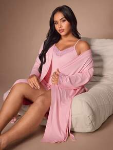 Lazeform Plus Size Solid Color Soft Lace Pajama Set, Women's Home Wear Camisole Long Sleeve Tie-Front Robe 4-Piece Set - Pink - View 1