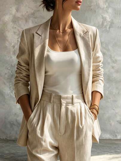 SHEIN Blazer Feminino Novo de Outono/Inverno na Cor Cáqui, Manga Longa, Design de Lapela, Casual e Elegante, Estilo Minimalista Relaxado para o Dia a Dia, Ajuste Slim, Fechamento com Botão Único, Adequado para Looks de Escritório e Deslocamento, Cria um Visual de Moda de Início de Outono, Jaqueta Blazer Nova de Outono, Jaqueta Minimalista Cáqui