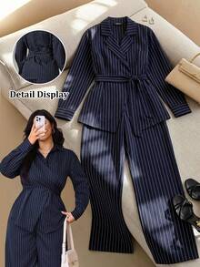 SHEIN Tall CURVE 大码休闲通勤条纹衬衫和裤子两件套，女式连体裤，藏蓝色连体裤，女士连体裤，女士工作连体裤 - 彩色 - 查看 9
