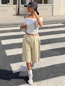 Muchica 女款夏季休閒條紋抽繩腰百慕達短褲 - 淡黃色 - 查看 4