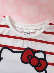 HELLO KITTY AND FRIENDS | SHEIN 女童條紋圓領短袖休閒T恤 - 白色 - 查看 3