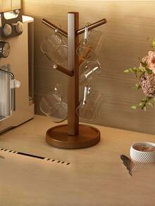 Brown-Colored Mug Tree-Shaped Storage Rack, Slip-Resistant And Stable, Sturdy Bamboo Coffee Cup Hanger With Hooks, Thick Base/Tabletop Coffee Cup Holder, Suitable For Tables, Coffee Areas, Kitchens, Versatile Storage. - Multicolor - View 9