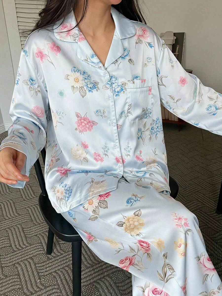 DAZY 2件組緞面花卉印花寬鬆長袖長款睡褲女款睡衣套裝 - 藍色 - 查看 1