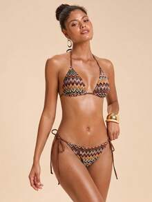 Travachic 女款夏季海灘拼色掛脖綁帶性感比基尼三角褲兩件式泳衣套裝 - 彩色 - 查看 3