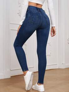 EMERY ROSE Solid Color Front Button Fitted Pockets Casual Versatile Jeans - Dark Wash - View 4