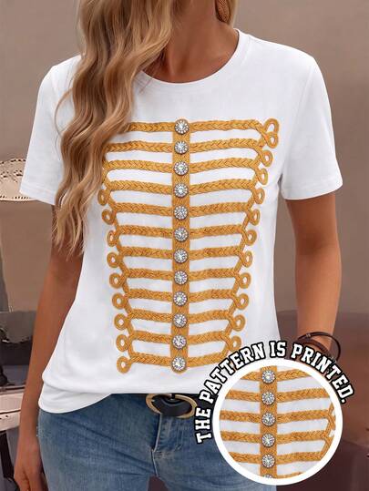 EMERY ROSE Spring/Summer Casual Commute Vacation Checkerboard Button Print Round Neck Loose Short Sleeve Women's T-Shirt Fashion White Summer Women's T-Shirt