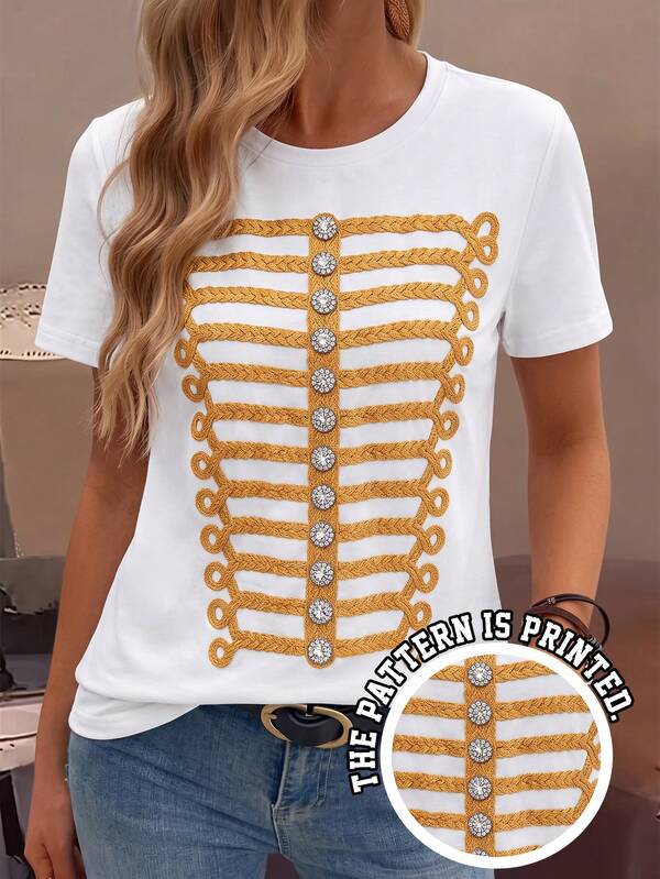 EMERY ROSE Spring/Summer Casual Commute Vacation Checkerboard Button Print Round Neck Loose Short Sleeve Women's T-Shirt Fashion White Summer Women's T-Shirt