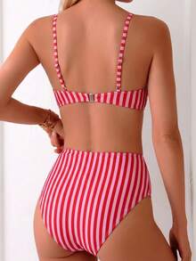 SHEIN Swim 2025 女款夏季海灘豹紋性感比基尼兩件式泳衣套裝 - 紅色 - 查看 2