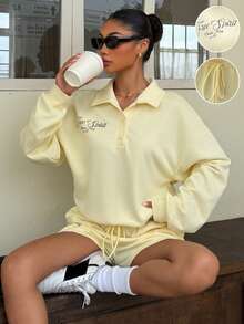 Muchica New Autumn Women's Casual Athleisure Sweatshirt Set In Goose-Yellow Knit Fabric, Featuring A Printed Design. - Pale Yellow - View 4