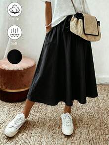 SHEIN Holidaya Women's Summer New Casual Style Cotton Linen Drawstring Khaki Skirt, Selected Textured Cotton Linen Fabric, Elastic Waist With Drawstring Design, Suitable For Various Body Types, Loose A-Line Flared Silhouette To Flatter Hip Lines, Classic Versatile Khaki Tone, Suitable For Daily Commute, Travel, Light Casual Occasions, Easily Create A Relaxed And Natural Atmosphere, Cotton Linen Skirt, Khaki Skirt, Vacation Skirt - Black - View 1