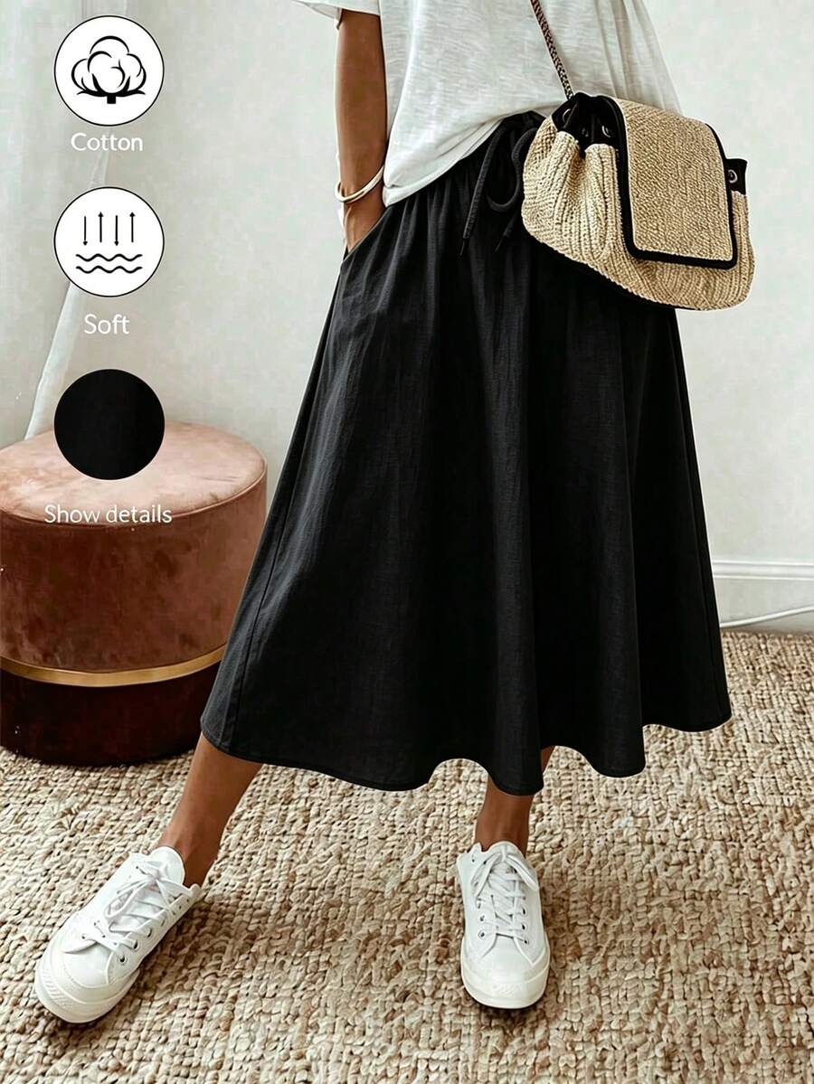 SHEIN Holidaya Women's Summer New Casual Style Cotton Linen Drawstring Khaki Skirt, Selected Textured Cotton Linen Fabric, Elastic Waist With Drawstring Design, Suitable For Various Body Types, Loose A-Line Flared Silhouette To Flatter Hip Lines, Classic Versatile Khaki Tone, Suitable For Daily Commute, Travel, Light Casual Occasions, Easily Create A Relaxed And Natural Atmosphere, Cotton Linen Skirt, Khaki Skirt, Vacation Skirt - Black - View 1