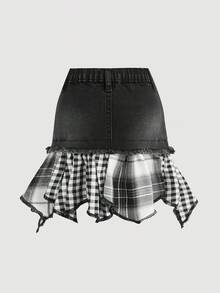 SHEIN 少女 Y2K 風格格紋拼接黑色牛仔修身裙，秋冬款，適合返校季與街頭穿搭 - 黑與白 - 查看 4
