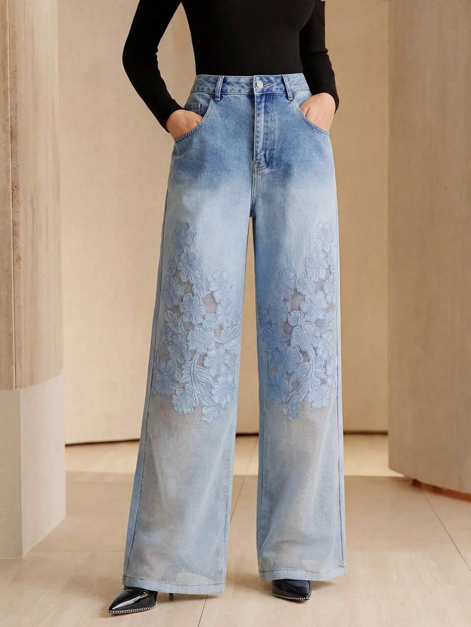 Anewsta Women's Spring/Summer Embroidered Semi-Sheer Vacation Style Blue Straight Jeans