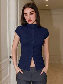Bris Aura Women's Navy Blue Summer Casual Everyday Mock Neck Top,Capped Sleeve Single-Breasted Button Up Jersey Shirt,Solid Color Fall Winter Fleece Sweater - Navy Blue - View 6