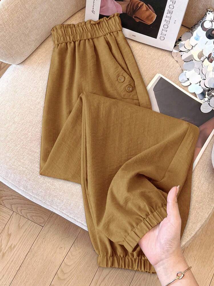 SHEIN LUNE CURVE Plus Size Solid Color Textured Elastic Waist Pocket Loose Pants Fall - Brown - View 3