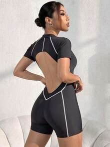 Sirith Dewbera High Elasticity Fitness Jumpsuit, Short Sleeve Short Shorts Workout Outfit, Backless Sports Jumpsuit With Zipper - Black - View 7