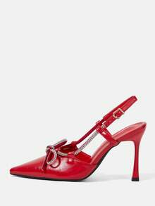 CUCCOO HITCHD Red Glossy Patent Leather Pointed Back Empty Rhinestone Bow Thin Strap Metal Buckle Wedding Shoes, Bridal Wedding Banquet Dating Temperament Fashion - Red - View 2