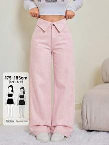 SHEIN Tall 女款折疊腰寬腿寬鬆休閒牛仔褲 - 粉色 - 查看 7