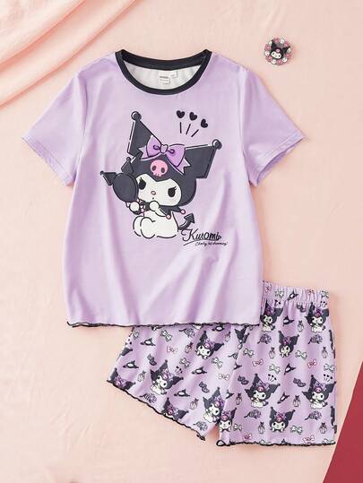 HELLO KITTY AND FRIENDS | SHEIN Tween Girl Cartoon Print Short Sleeve T-Shirt And Shorts Loungewear Set