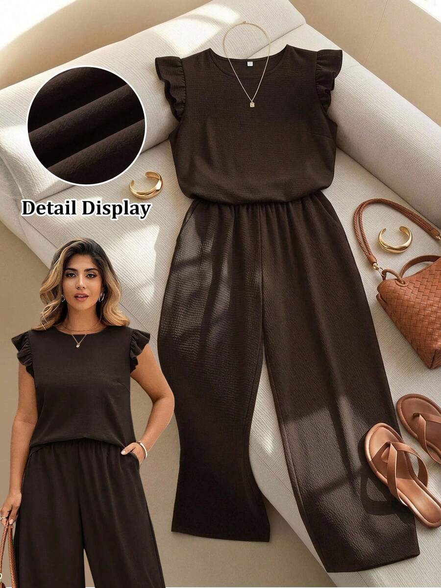 SHEIN Clasi 2件組女大尺碼卡其色泡泡抽褶喇叭袖上衣與寬腿鬆緊腰長褲套裝,優雅春夏季套裝,女士兩件套搭配套裝,女款休閒商務休閒套裝 - 咖啡棕 - 查看 1