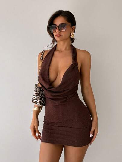 Sirith Women's Fashionable Sparkling Draped Neck Backless Bodycon Dress