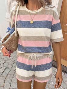SHEIN LUNE 女款休閒圓領落肩T恤與短褲兩件套，條紋套裝，夏季服飾，街頭風，適合日常通勤、約會、派對、秋冬/夏季、婚禮、海灘、畢業典禮、優雅休閒、外出、Y2K、音樂節穿搭、度假服飾、返校穿搭 - 彩色 - 查看 3