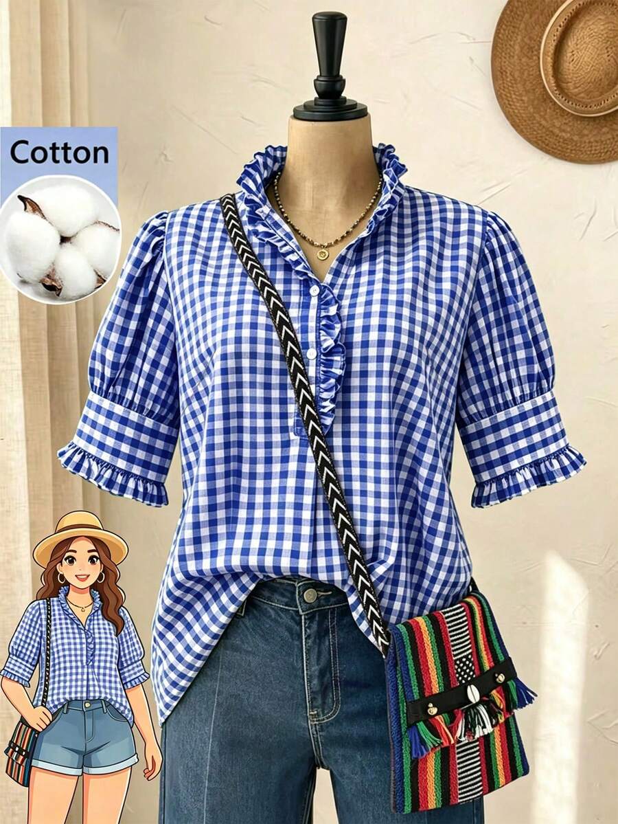 Linhara Plus Size Women's Summer Ruffle Trim Green Gingham Vacation Casual Style Blouses ,Green Gingham Top Plaid Top Fall - Royal Blue - View 1