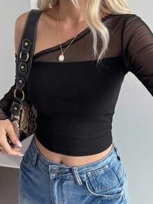 Dazy Designer قمصان نسائية كاجوال للربيع/الصيف بلون أحادي مع تقسيم الشبكة وياقة غير متماثلة وتناسب ضيق للخروج، أكمام طويلة شفافة - الأسود - مشاهدة 3