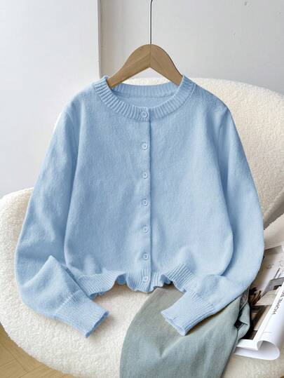 SHEIN Tween Girl Loose Casual Minimalist Comfortable Round Neck Button Front Solid Color Sweater