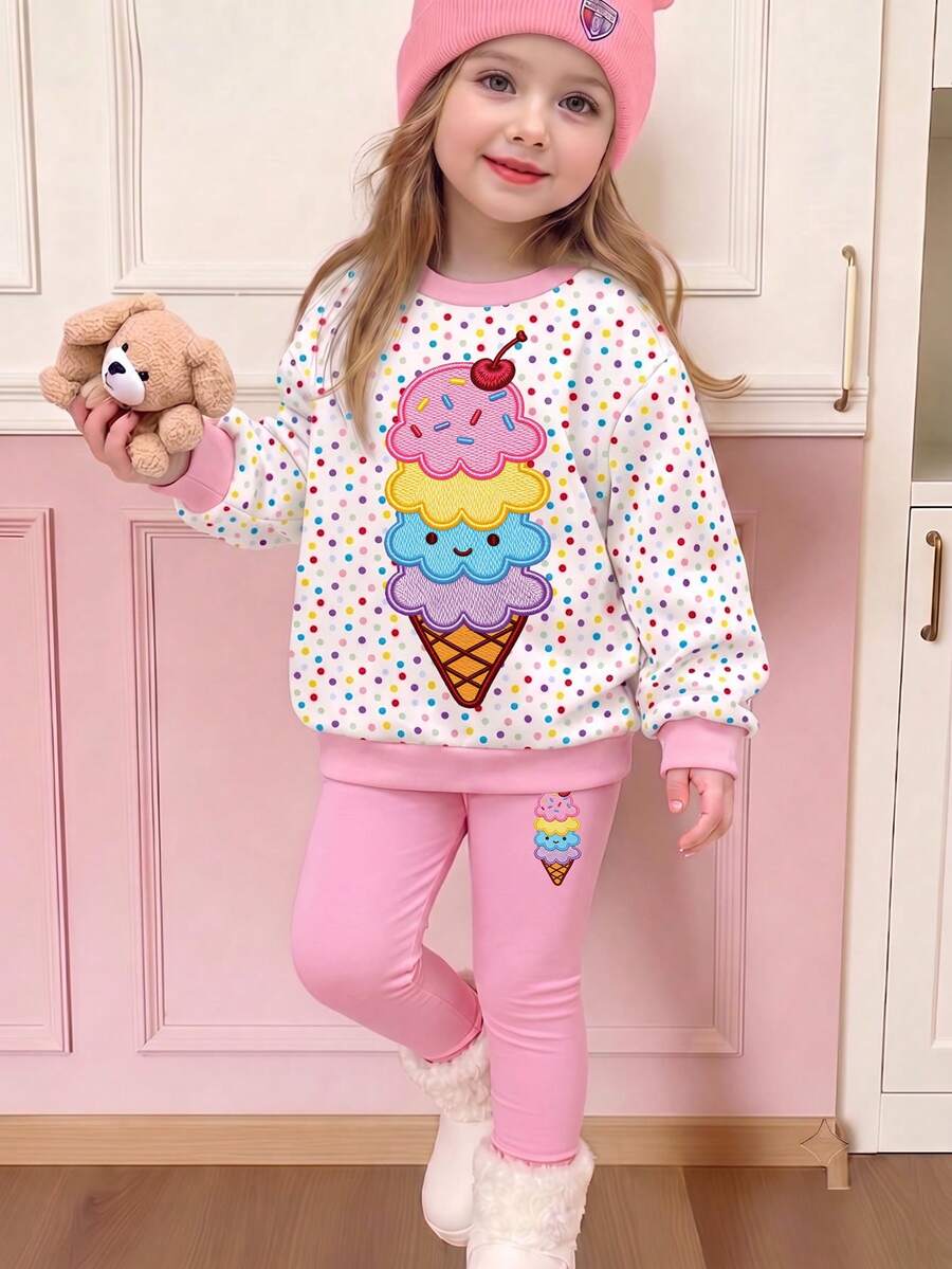 SHEIN 1套女童幼兒波點冰淇淋印花圓領衛衣 + 修身長褲,可愛粉色修身底層內搭褲,2件套套裝 - 彩色 - 查看 1