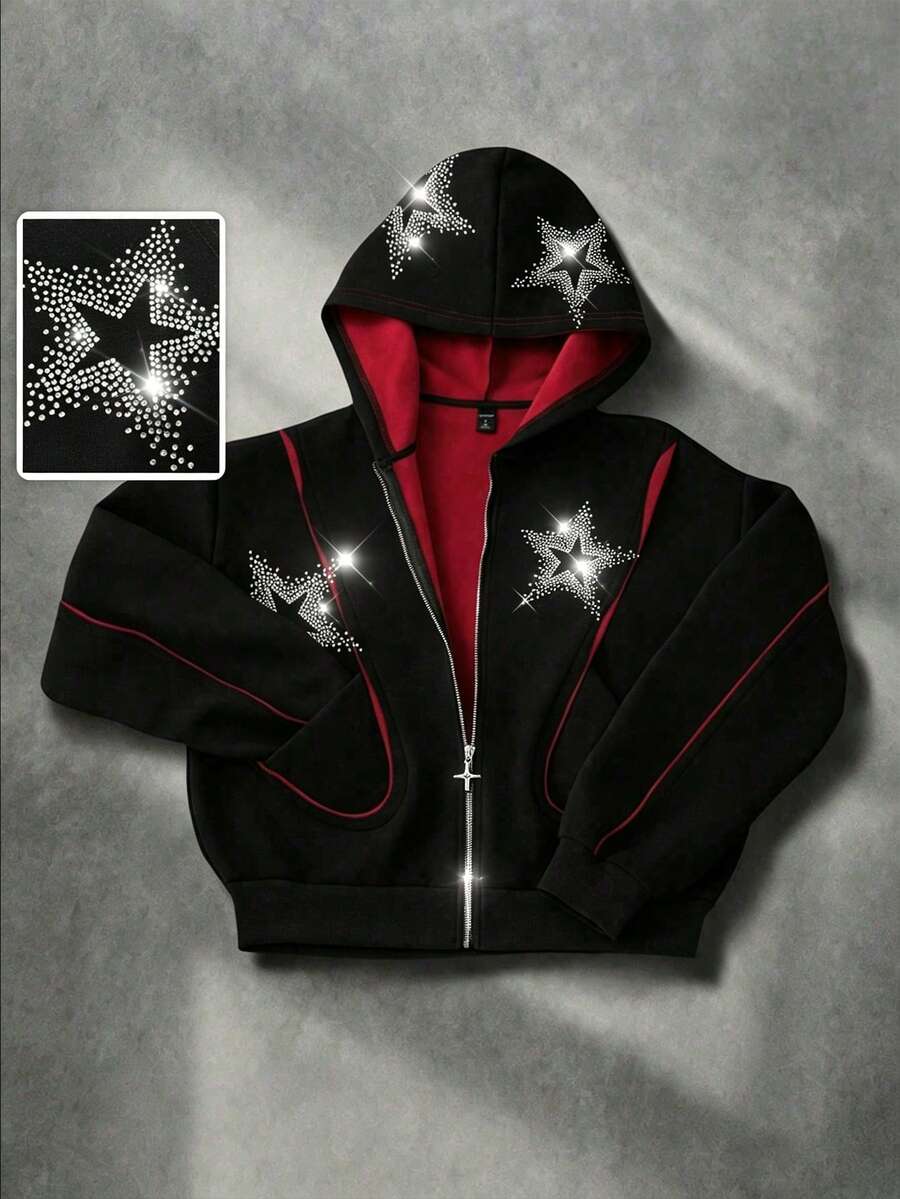 ROMWE MEN Sudadera de hombre con parches de estrellas de diamantes brillantes y contraste de color, estilo vintage de calle - Negro - Ver 1