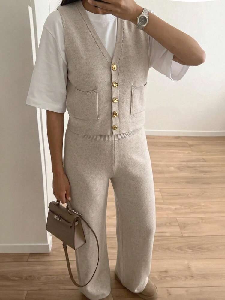 SHEIN KNİT VEST AND PANT 2PCS SET CO-ORDS WITH Beige BUTTON FRONT Office Brunch Autumn Elegant Casual Minimalist - Beige - View 11