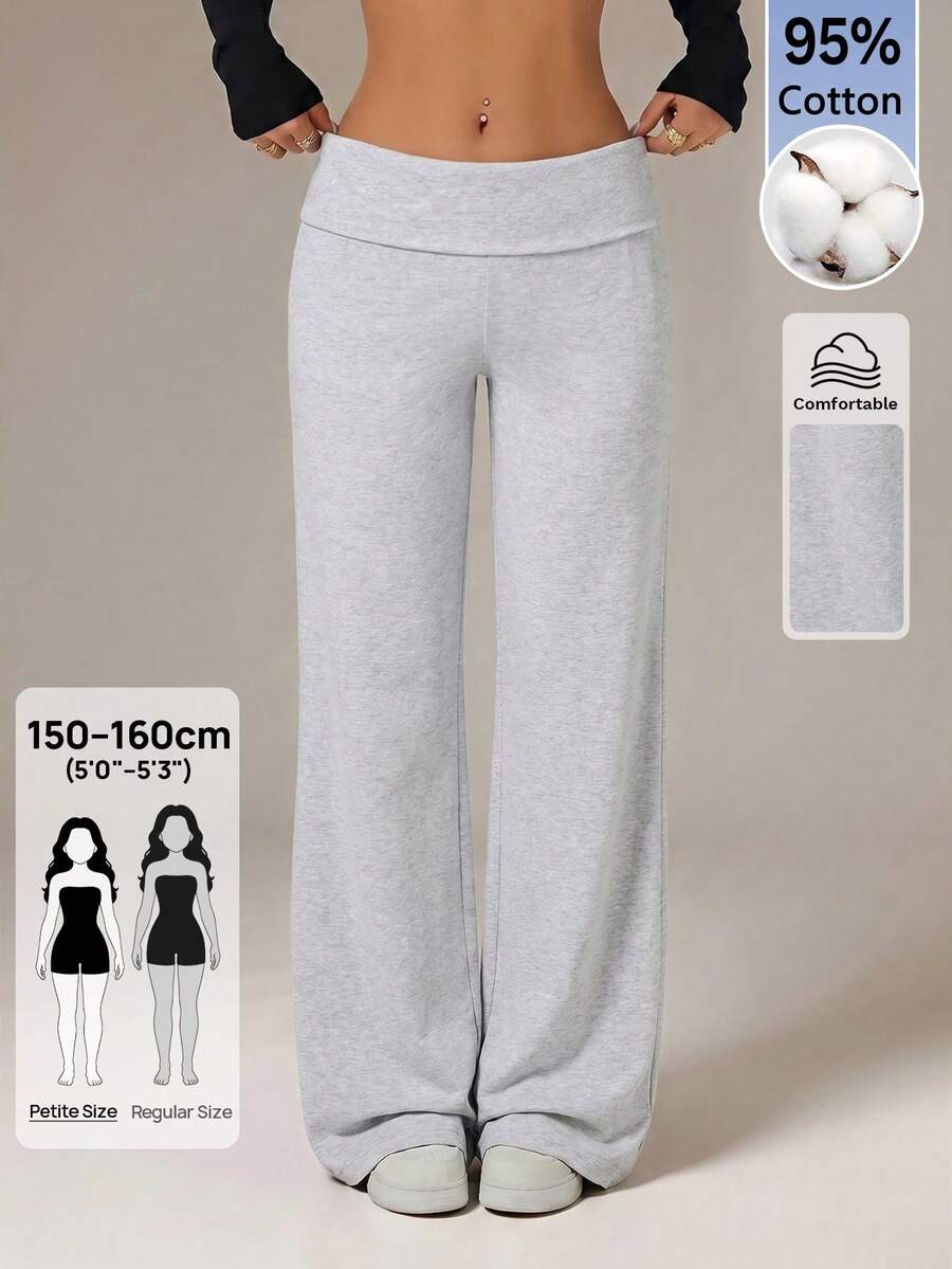 SHEIN PETITE 黑色高腰寬腿寬鬆休閒長褲 - 淺灰色 - 查看 1