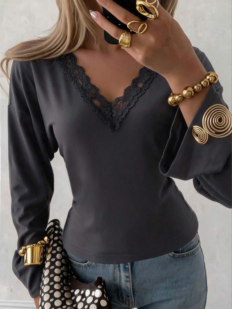 SHEIN EZwear Women's Elegant And Casual Charcoal Gray V-Neck Lace Long Sleeve Top, Autumn Top, Party Brunch Top