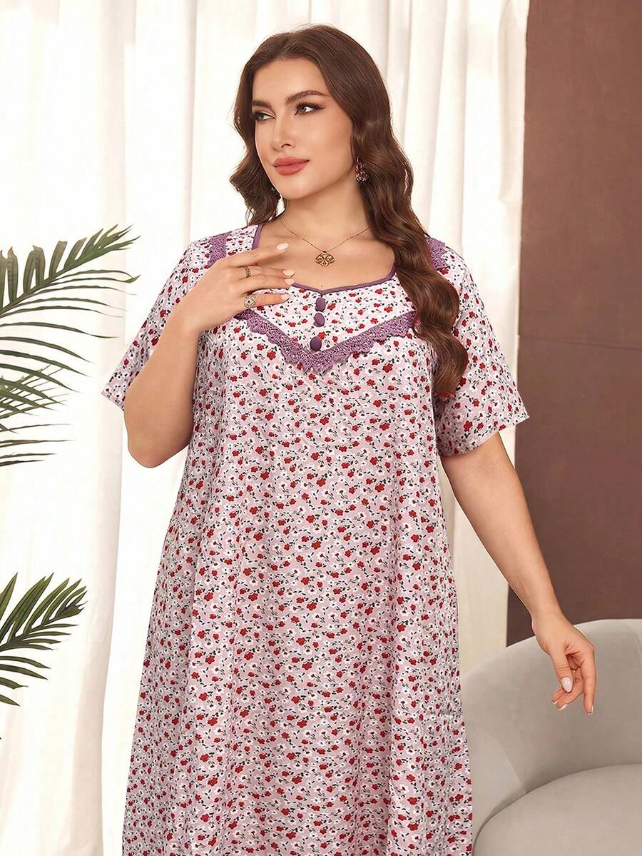 Lacomfia Plus Size Ditsy Floral Short Sleeve Ruffle Hem Casual Maxi Dress - Pink - View 1