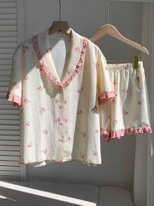 Comfortcana Romantic Pink Rose Print Sweetheart Neck Women Short Sleeve Shorts Pajama Set - Apricot - View 3