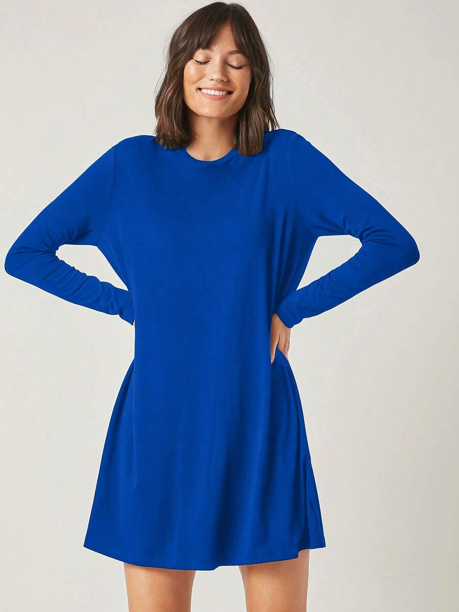 EURMUSE Solid Tee Dress - Blue - View 1