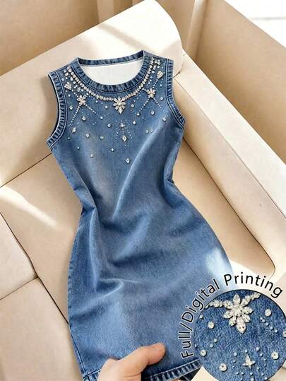 Selenza Gaun Tanpa Lengan Leher Bulat Biru Denim Imitasi Wanita, Elegan dan Berkelas, Hadiah Ulang Tahun, Kencan, Pesta, Hari Valentine, Karnaval, Pertemuan, Festival Musik, Perjalanan, Liburan, Fotografi Jalanan, Pakaian yang Menarik, Pakaian Musim Panas, Gaun Musim Panas, Koleksi Terbaru Musim Panas, Item Fashion Penting, Desain Niche, Gaya Serbaguna